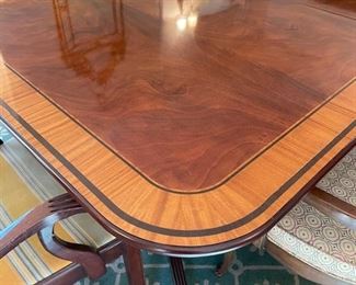 Baker Furniture mahogany Georgian-style double pedestal extension dining room table with inlaid satinwood banding. Late 20th century. Measures 76" L x 48"W. Extends to 133" with three 19" leaves. Photo 2 of 4