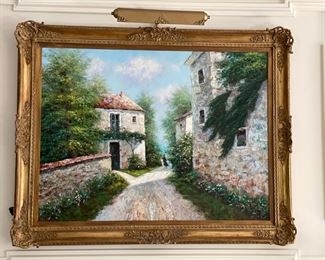Country Village oil painting signed by artist. Measures 47"W x 38" H.