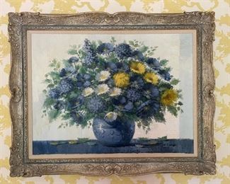Flower oil painting signed by artist. Measures 48" W x 38" H. Photo 1 of 2.