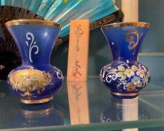 Pair of painted cobalt blue bud vases.