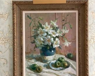 Original still-life oil painting. Measures 34" W x 40" H. Signed by artist.