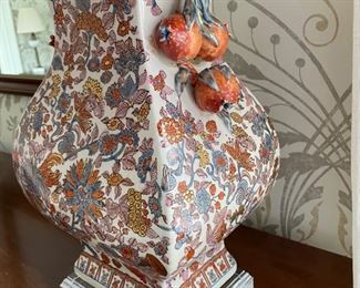 Pair of table lamps with lucite base and persimmon ornamentation. Measures 29" H x 10" W. Photo 3 of 3.