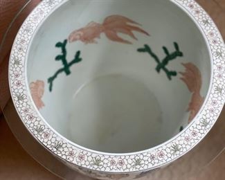 Porcelain Chinese fishbowl on stand with glass top. Photo 2 of 2.