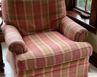 Hickory Chair swivel upholstered arm chair on casters.