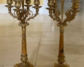Pair of Antique Italian four-arm brass and marble candlesticks and mantle clock. Photo 1 of 4.