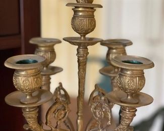 Pair of Antique Italian four-arm brass and marble candlesticks and mantle clock. Photo 2 of 4.