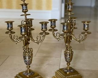 Pair of Antique Italian four-arm brass candlesticks and mantle clock. Photo 1 of 3.