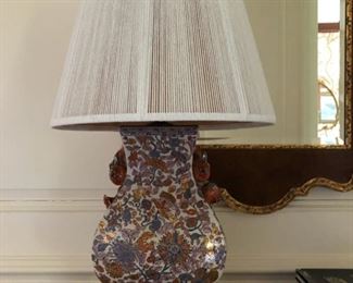 Pair of table lamps with lucite base and persimmon ornamentation. Measures 29" H x 10" W. Photo 1 of 3.