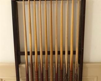 Pool Cues & Rack.