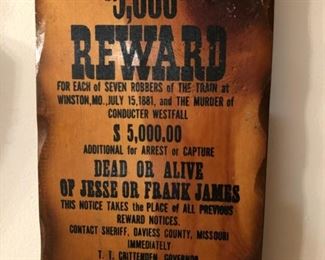 Jesse or Frank James $5,000 Reward replica wall art.
