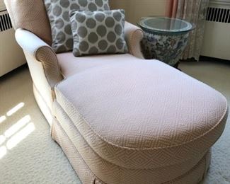 Century Furniture upholstered chaise with box pleat skirt. Measures 68"L x 30" W.