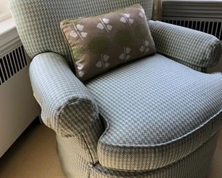 Century arm chair upholstered in light aqua and white houndstooth fabric. Upholstery matches chair in next photo.