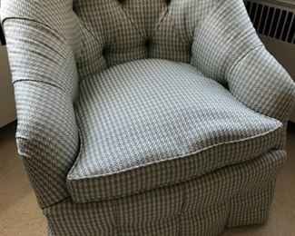 Tufted barrel back arm chair upholstered in light aqua and white houndstooth fabric. Upholstery matches chair in previous photo.