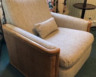 Mid-century Barcalounger with wicker frame and boucle fabric.