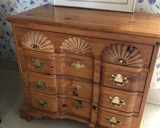 Reproduction Chippendale block front carved shell bureau.