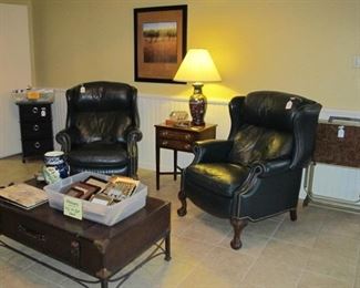 Pair of Navy Leather Recliners, "Luggage" Style Coffee Table, Heritage End Table