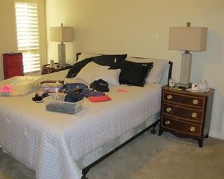 King Size Bed, Couneille Night Stands, Pair of Concrete Square Base Lamps