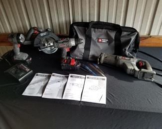 https://ctbids.com/#!/description/share/687756 Power Tools lot includes 6.5" circular saw, 18v reciprocating Saw, 18v Cordless Drill/Driver, 18v Flashlight, Carryall Bag and 2 battery chargers and 3 saw blades.