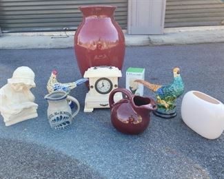 https://ctbids.com/#!/description/share/687777 These fun display items can be perfect together or apart. Pitchers can be used for flower displays or as cute accent pieces. They stand 7" tall. The large vase stands 21" tall! The clock is a beautiful addition to any shelf or mantle. Its 9" tall and 9" x 5" at the base. The pheasants are 9" tall by 10" across. The bookshelf reader is 10" tall. Then as a bonus there is a grow your own Hyacinth!!