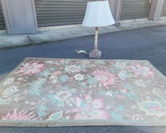 https://ctbids.com/#!/description/share/687780 This pair work great together both in colors and design! The rug is used but in good shape. Its a 4x 6 foot rug. This is a pet friendly home but no stains. The lamp has beautiful details! The shade could use a bleach pen in spots but is in good shape. The lamp stands 32" tall and the base is 7" x 7". The shade is 19" across.