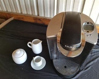 https://ctbids.com/#!/description/share/687783 Keurig coffeemaker with creamer and sugar bowl demitasse cup and saucer.