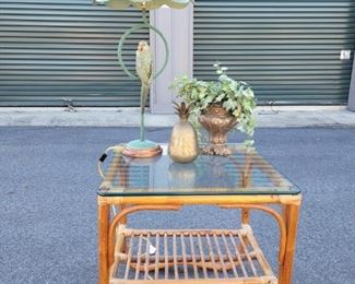https://ctbids.com/#!/description/share/687786 The lamp is 27" tall. The wicker table is 20" tall and 20" x 20" wide. The metal pineapple is 8". The plant is 10" .