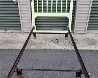 https://ctbids.com/#!/description/share/687789 Minty Spindle Headboard And Frame. Spindle headboard is painted a mint green and is very solid. The height is 57" the width is 43". It includes a standard metal twin bed frame.