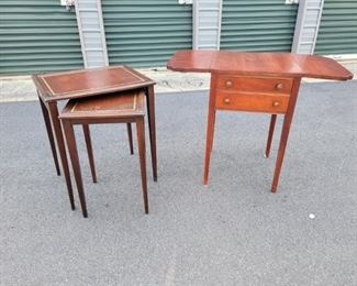 https://ctbids.com/#!/description/share/687791 These table are perfect as a side table or to decorate your entryway. The drop leaf is 28" high. When table top is folded down it measures 18" x 19". When sides are up it measures 18" x 36". The two drawers are 14"x 13" and 2" deep. There are 2 tables in this set of nesting tables. The smaller one is 23" tall and 14"x 14". The taller one is 25" high and 16" x 21".
