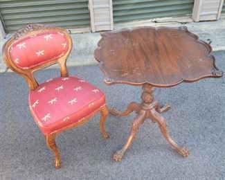 https://ctbids.com/#!/description/share/687794 Mahogany Clawfoot Table and Chair. This set is a beautifully vintage. The details are amazing! The table stands 28" tall and 27"x 27" wide. The chair 31" tall, the seat is 17" tall and the base is 17" x17" wide