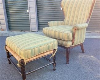 https://ctbids.com/#!/description/share/687796 Antique style wingback chair and a wicker stool with matching cushion. This set is very comfortable. Comes from a pet friendly house. The chair is 42" height, seat heights is 21", 24" depth, 32" width. The stool is 17" tall with the cusion and 30"x21" wide.