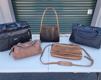 https://ctbids.com/#!/description/share/687815 Gucci black leather bag is 11" x 10" wide. The brown Coach bag is 13" x 8" wide. The saddle tan leather bag is 16" x 12" wide. The Solo black brief case is 17"x 12" wide and 5" deep. The Franklin Covey black bag is 18" x 12" wide.