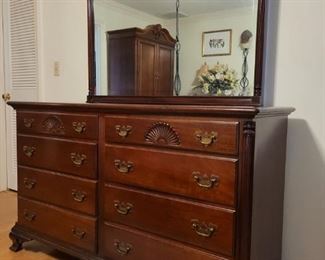 https://ctbids.com/#!/description/share/687818 Kling Genuine Mahogany Bureau. This 8 drawer dresser with mirror stands 69" tall, without the mirror its 53" tall. Its 58" wide and 21" from the wall. All drawers are 23" x 17", four drawers are 5" deep and 3 are 3" deep.