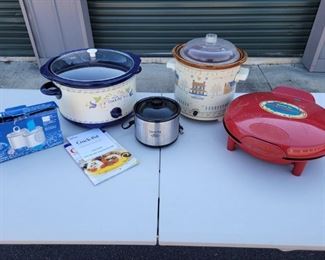 https://ctbids.com/#!/description/share/687852 Tallest crock pot is 6" deep and 7" across. The large crock pot is 5" deep and 9" across. The smallest crock pot is 3" deep and 4" across. The quesadilla maker is 10" across.