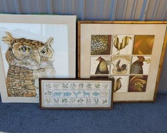 https://ctbids.com/#!/description/share/687853 Collection of folk art prints. Rooster measures 27x28"
Owl is hand drawn on fabric and matted in canvas 25x29"
Needlepoint 24x11, glass broke and has been removed.
