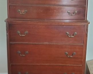 https://ctbids.com/#!/description/share/687749 Beautiful Atlas mahogany tall dresser with 5 drawers. Top drawer of each section has a divider. Measurements 35x19x54" Top drawers 32x15x5" Bottom set 32x16x5"