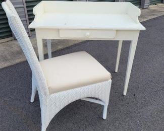 https://ctbids.com/#!/description/share/687787 Lexington White Desk With Wicker Chair. White Lexington desk is painted to look aged. Its very shabby chic. Table height is 30" and back height is 35". Table top is 21" x 38" wide. The drawer is 14" x 16" and 2" deep. The white wicker chair could be repainted. It has a neutral beige attached cushion . The chair back is 39" tall and the seat height is 18". The base is 22" x 20" wide.