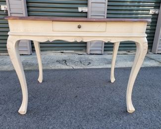 https://ctbids.com/#!/description/share/687797 Table has a rustic antique white crackled finish on the base and a cherry stained top. 29" height, 37" x 24" wide. Drawer is 12:x 16" and 2" deep
