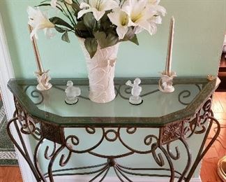 Iron & Glass Table with Lenox Butterfly & Lace Vase & Lenox candle Stick Holders