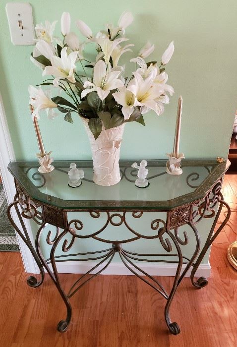 Iron & Glass Table with Lenox Butterfly & Lace Vase & Lenox candle Stick Holders