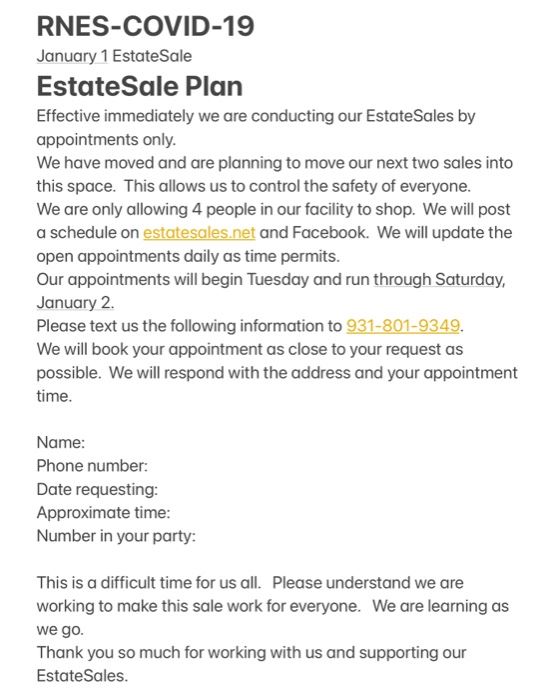 Clarksville Estate Saletext for appointment... starts on 12/31/2020