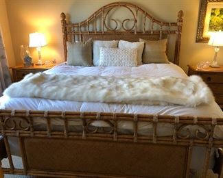 Tommy Bahama bedroom set: kind bed, two night stands, dresser with cabinet top, matching dresser no top. 