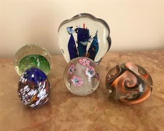 $125 Lot of five art glass paperweights.  