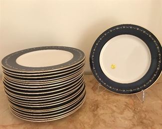 $150  Set of 21 Gorham gold and blue trim dinner plates.  