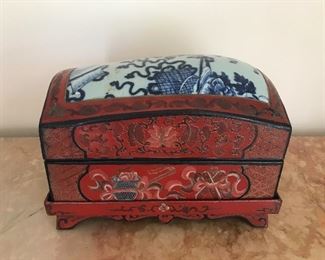 $65 Chinese lacquer, antique porcelain top box on stand.  