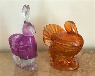 $40 Lot of two pressed colored glass candy dishes, bunny 9"H, turkey 7"H