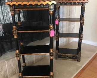 $150 pair or $75 each.  Contemporary Asian inspired gold and black lacquer shelf units.  Height 30" x Width 12"