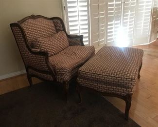 $750 Large chair with ottoman in geometric upholstery.  Height 38", Width 36", Depth 30".  Ottoman 36"x19"x20"