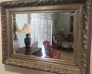 $300  Ornate beveled silver large rectangular mirror.  4'x3'