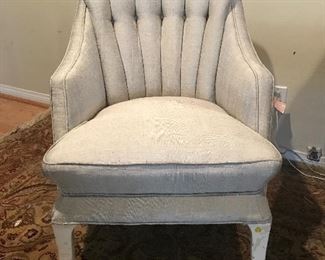 $200 Silver upholstery vintage slipper chair with some wear.  32"x28"