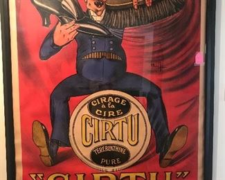 $950  Original 1920s French advertising poster for "Cirtu" shoe polish.  Vibrant colors and graphics in excellent condition.  Framed.  54"x46"